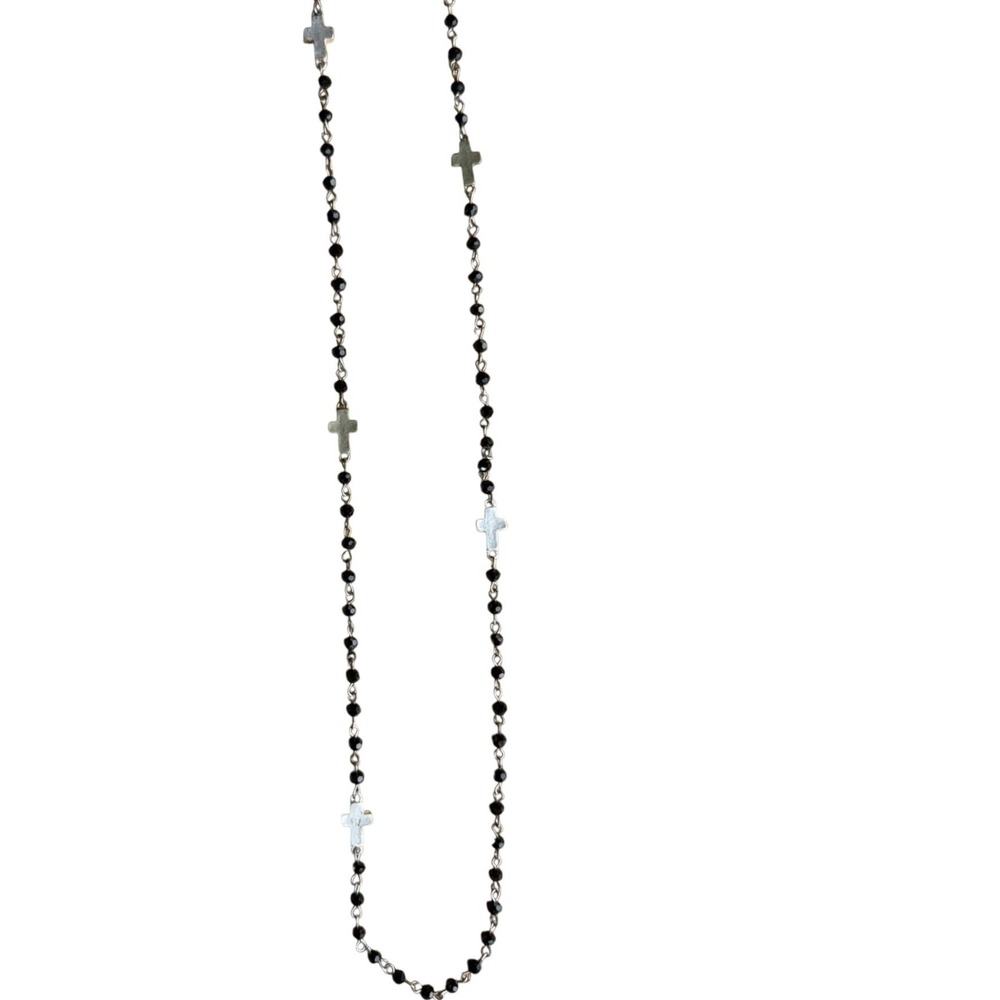 Black Bead Rosary Necklace with Silver Tone‎ Cross Charms Long Y2k Goth